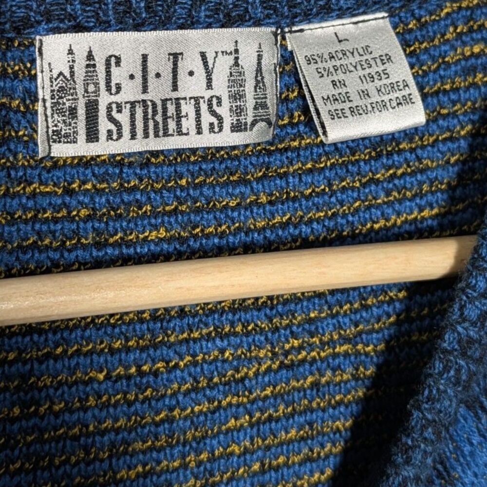 Vintage 80s 90s City Streets Blue Mustard Chevron Geometric Knit Sweater L - Picture 4 of 4